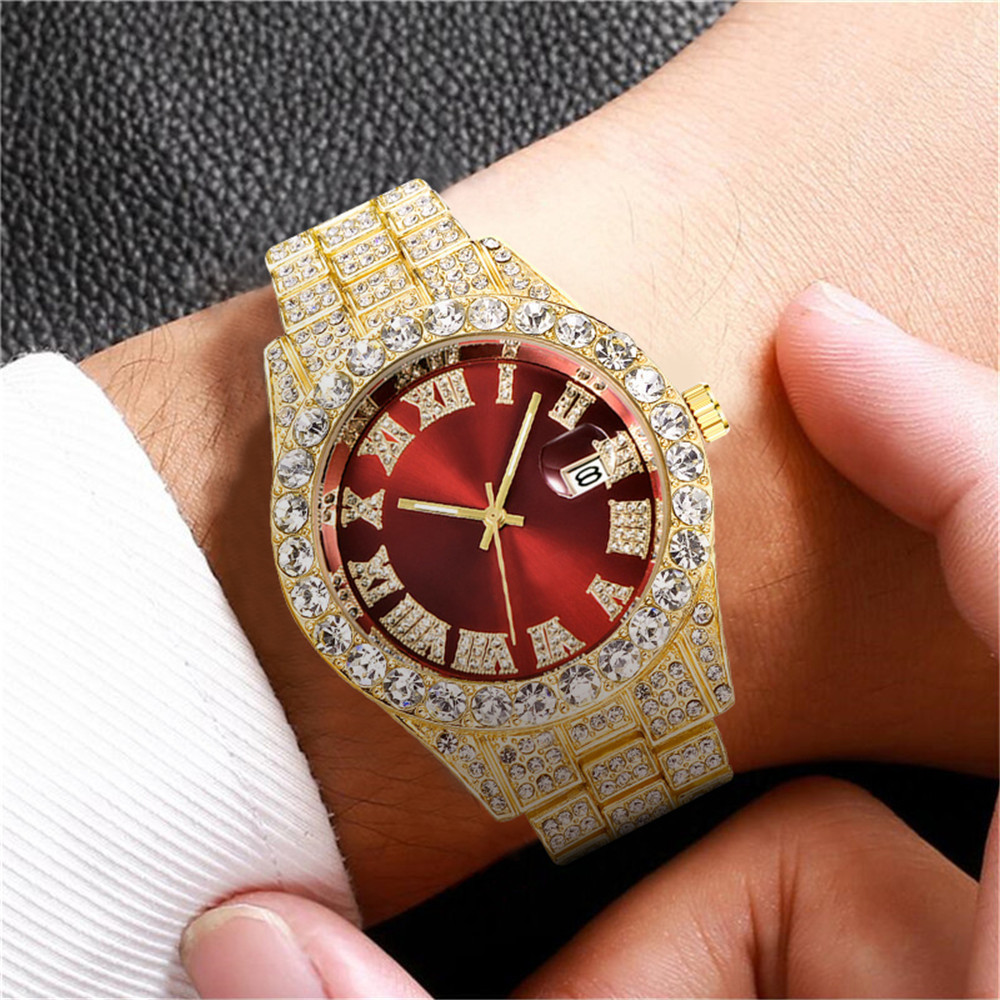 Đồng hồ đeo tay dây thép không gỉ đính đá mặt số La Mã có lịch phong cách công sở dành cho nam