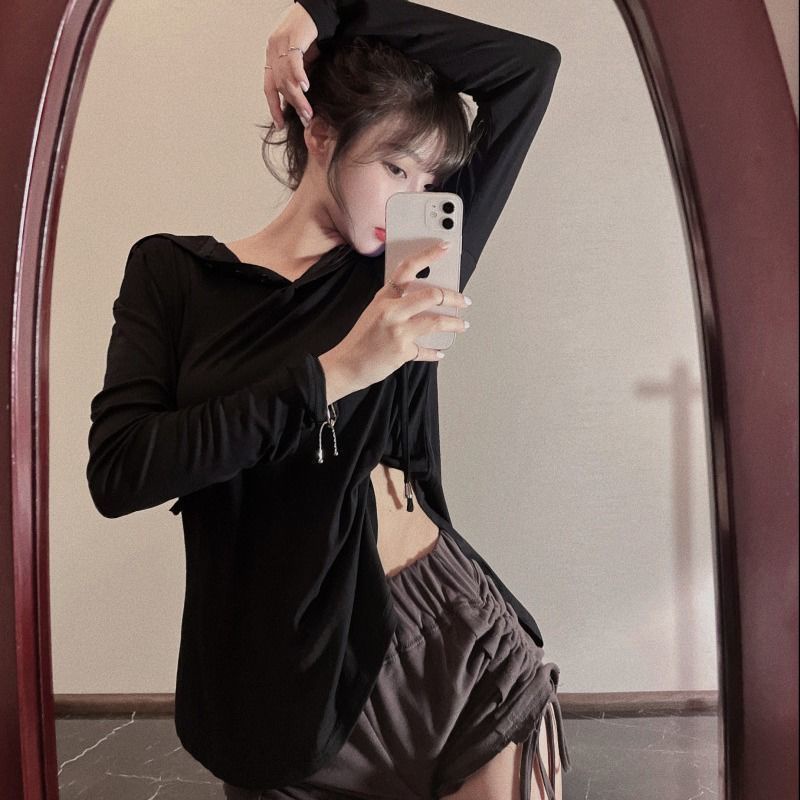 Bộ Áo Hoodie + Quần Short Lưng Cao Phối Dây Rút Thời Trang Mùa Hè Hàn Quốc Cho Nữ 2021