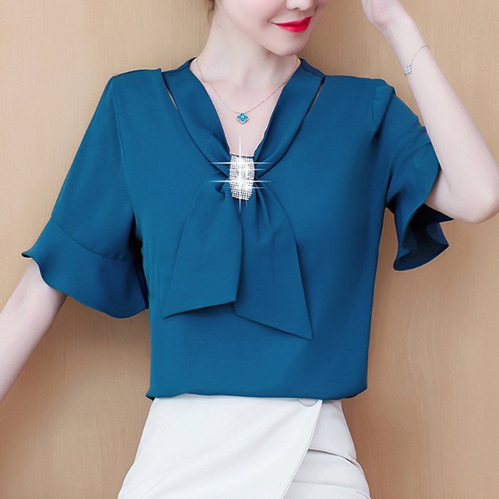 SHOPPRO - ÁO SƠ MI NỮ DÁNG RỘNG TAY DÀI CỔ V ĐÍNH HẠT CHÂU, ÁO LỤA NỮ KIỂU MẶC ĐI LÀM CÔNG SỞ  3A25 3A18 3A19 3A04