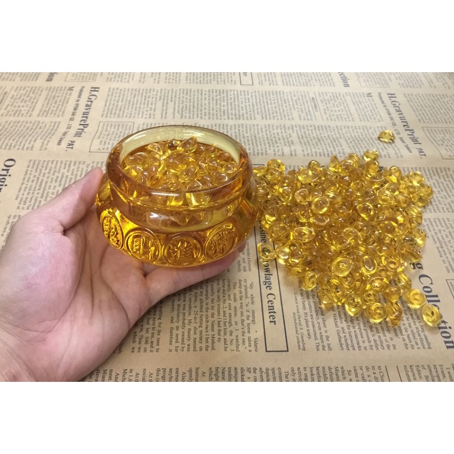 Hũ vàng pha lê 10cm bát tụ, kèm 100 thỏi vàng  thần tài phong thủy