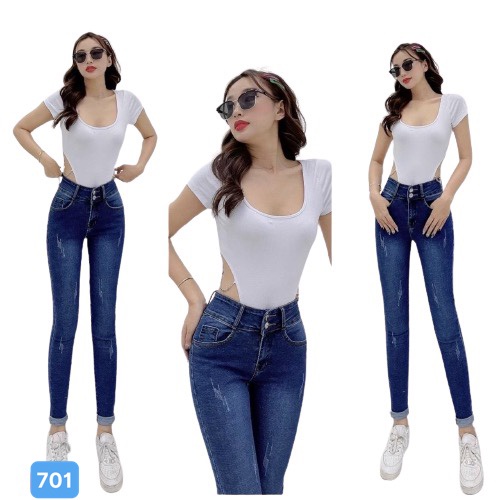 Quần jean nữ co giãn màu xanh đậm OBOKFASHION lưng cao ôm đẹp dễ phối đồ nữ tính thời trang cao cấp hàn quốc JN701