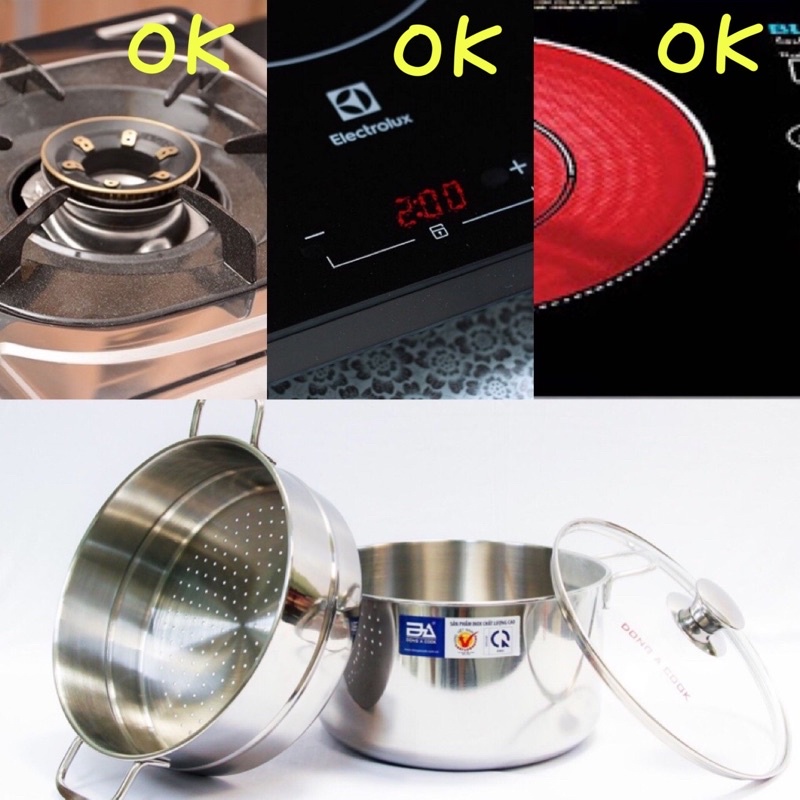 [Hàng chính hãng] Bộ Nồi xửng hấp gà nấu xôi 2 tầng Inox Đông Á đáy từ cao cấp - Dùng được bếp từ