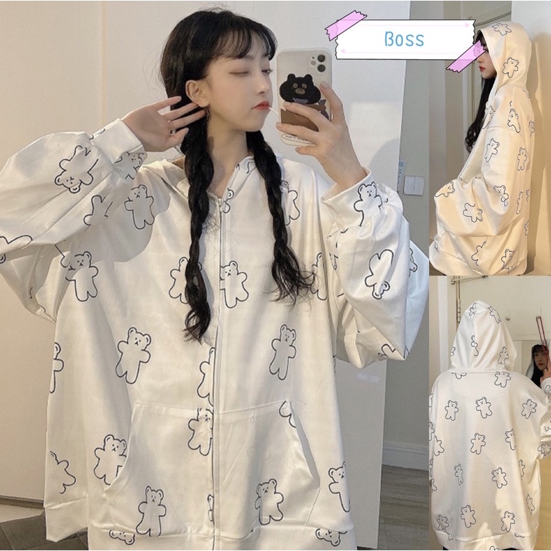 Áo Hoodie Gấu Trắng Dáng Rộng 🦋 Áo Nỉ Khoá Kéo kèm Mũ Gấu BOSS
