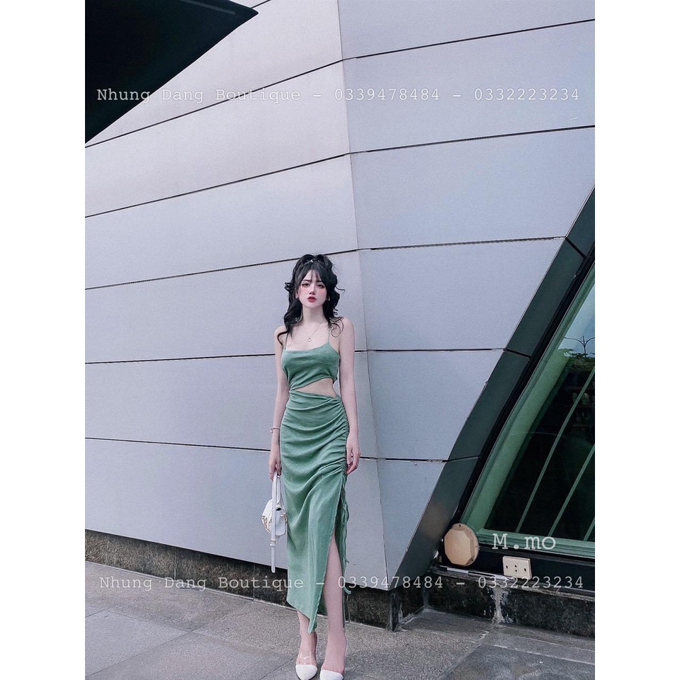 Đầm 2 dây khoét 1 bên eo xẻ tà rút dây bên cực sexy , chất thun gân mềm mịn thy