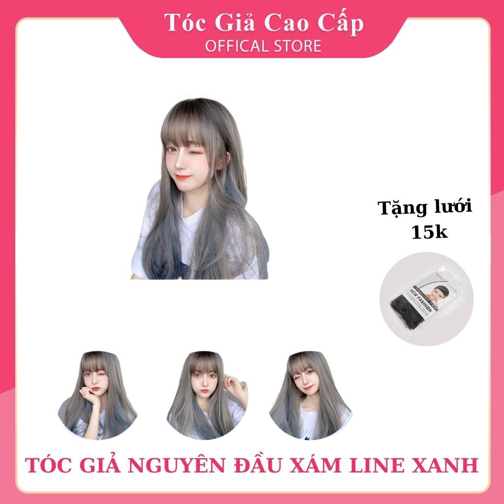 Tóc giả nữ nguyên đầu màu đẹp, xám phối line xanh, tặng kèm lưới trùm tóc wig