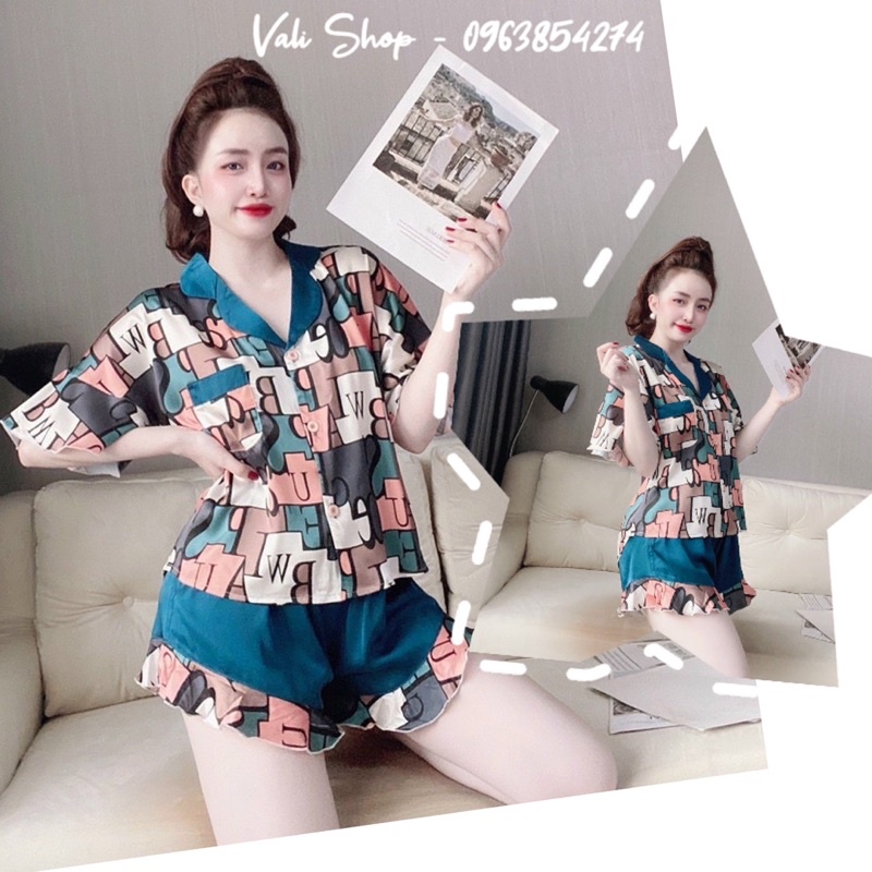 Đồ ngủ lụa latin pijama áo tay loe quần đùi bèo freesize 42-60kg