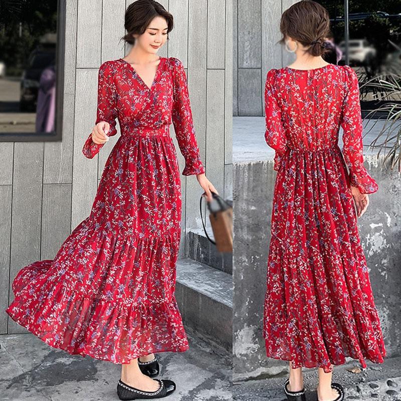 Đầm Maxi Tay Dài Cổ Chữ V Nhấn Eo Cao Họa Tiết Hoa Nữ Tính | BigBuy360 - bigbuy360.vn