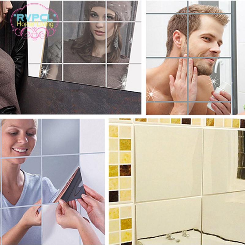 【RVPCL】 32 Pcs Mirror Tile Wall Sticker Square Self Adhesive Room Decor Stick On Modern Art @VN