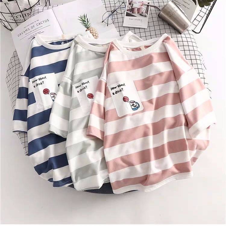 Oversized T-shirt Korean New Summer Striped Short Sleeve T-Shirt Harajuku Style Schoolgirl Bf Half Sleeve