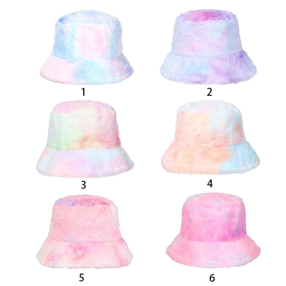Nón Bucket Màu Nhuộm Cầu Vồng Giữ Ấm Mùa Đông Cho Nữ