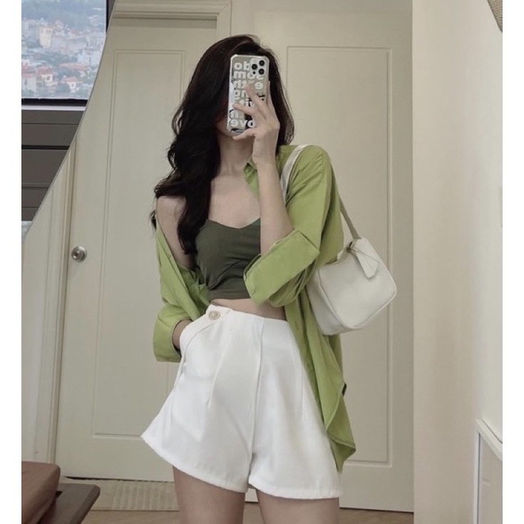Sét bộ 3 món Áo Khoác Sơmi Tay Dài Màu Xanh Bơ kèm Áo Bra phối Quần Đùi Năng  Động Cá Tính