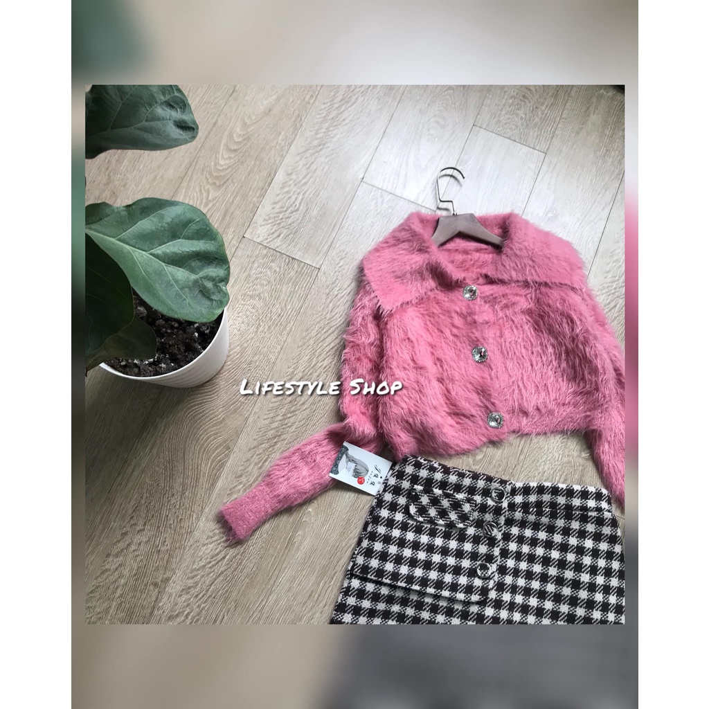 Áo len lông cổ bẻ khuy đá dáng lửng phom gọn hàng Quảng Châu