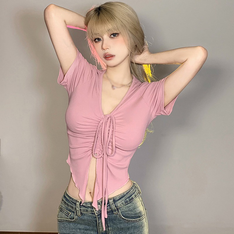 Áo Thun Crop Top Tay Ngắn Cổ Chữ V Màu Sắc Đơn Giản Phối Dây Rút Phong Cách Hàn Quốc Cho Nữ