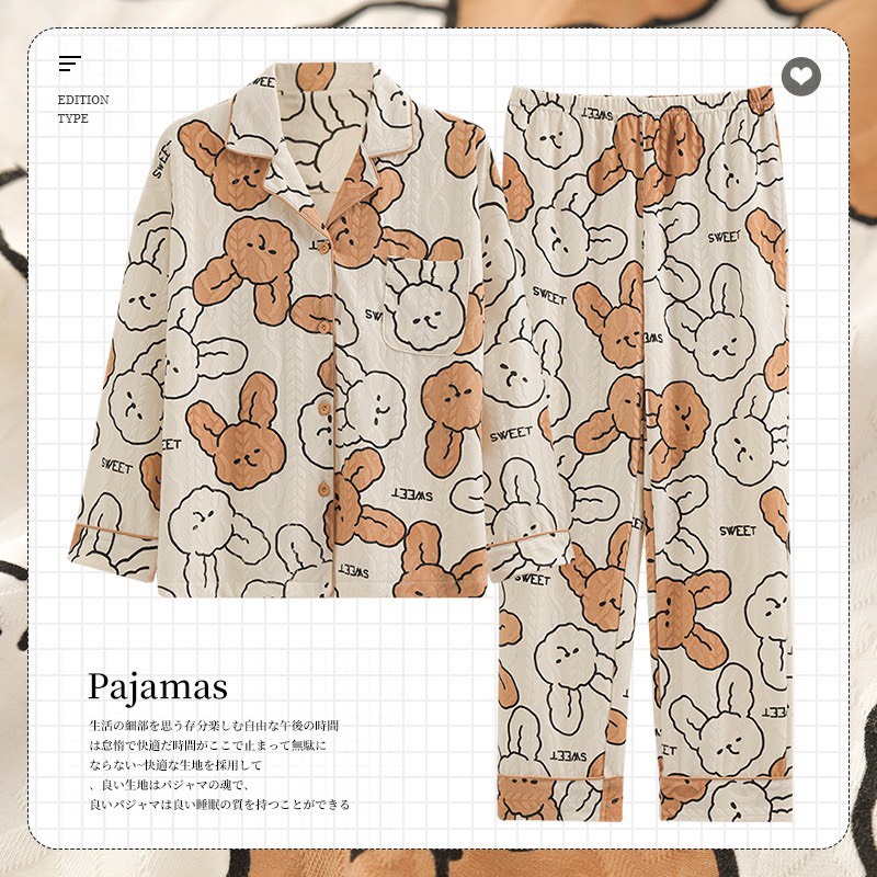 Bộ Pijama Dài Tay Có Cổ Chất Liệu Cotton Vân Sóng Nâng Cấp Mới Nhất