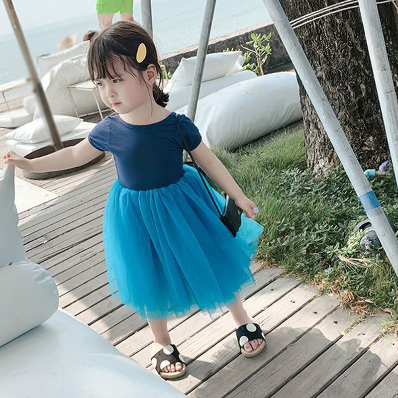 Đầm Tay Ngắn Cổ Tròn Phối Lưới Phong Cách Hàn Quốc Ngọt Ngào Cho Bé Gái