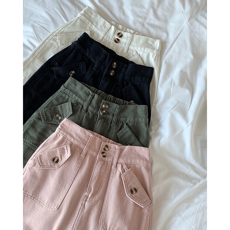 Quần dài XIAOZHAINV lưng cao ống rộng phối túi với 3 màu thời trang retro cho nữ tùy chọn