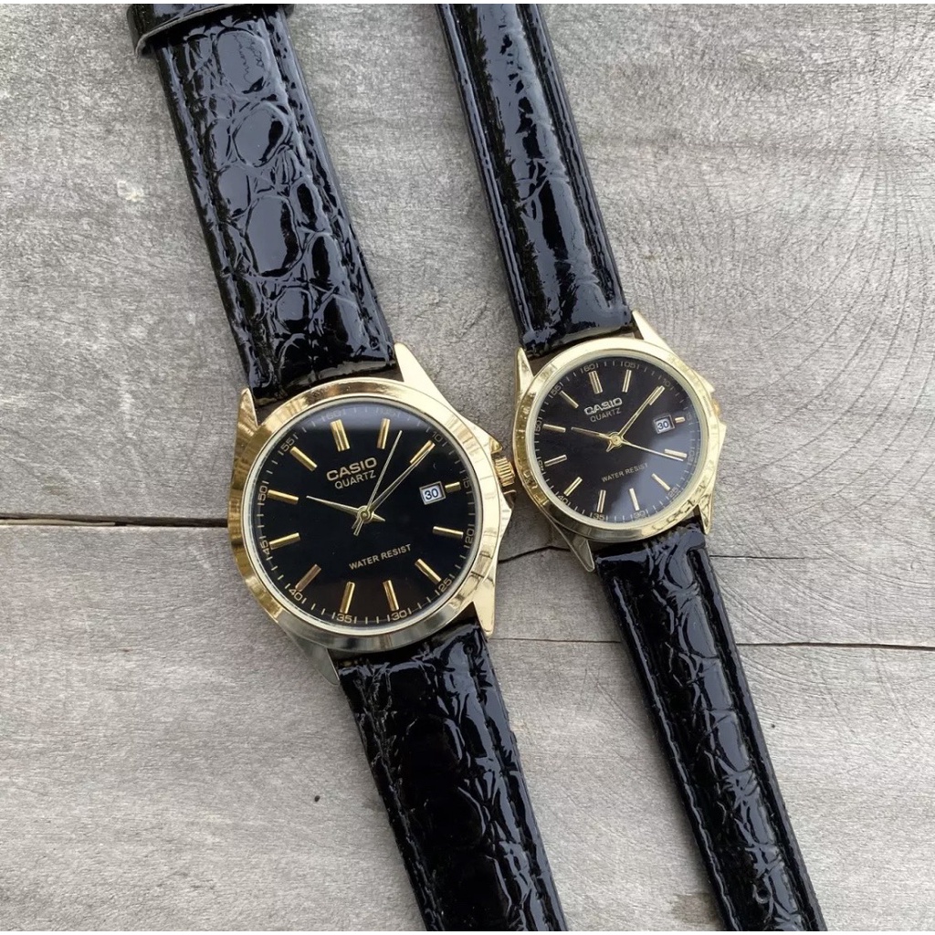 Đồng Hồ CẶP CASIO C045 DÂY DA Mặt Đen Chống Xước, Chống Nước - TẶNG 1 Vòng Đá tỳ Hưu + 2 pin AG4