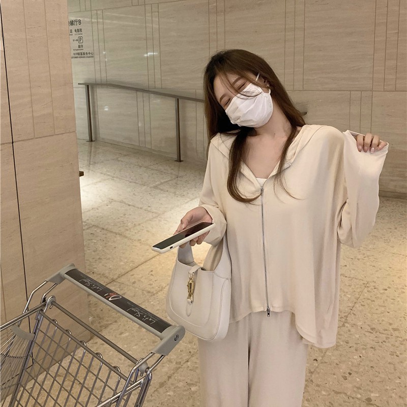 Áo Khoác Tay Dài Có Nón Phối Khóa Kéo Form Rộng Chất Liệu Mỏng