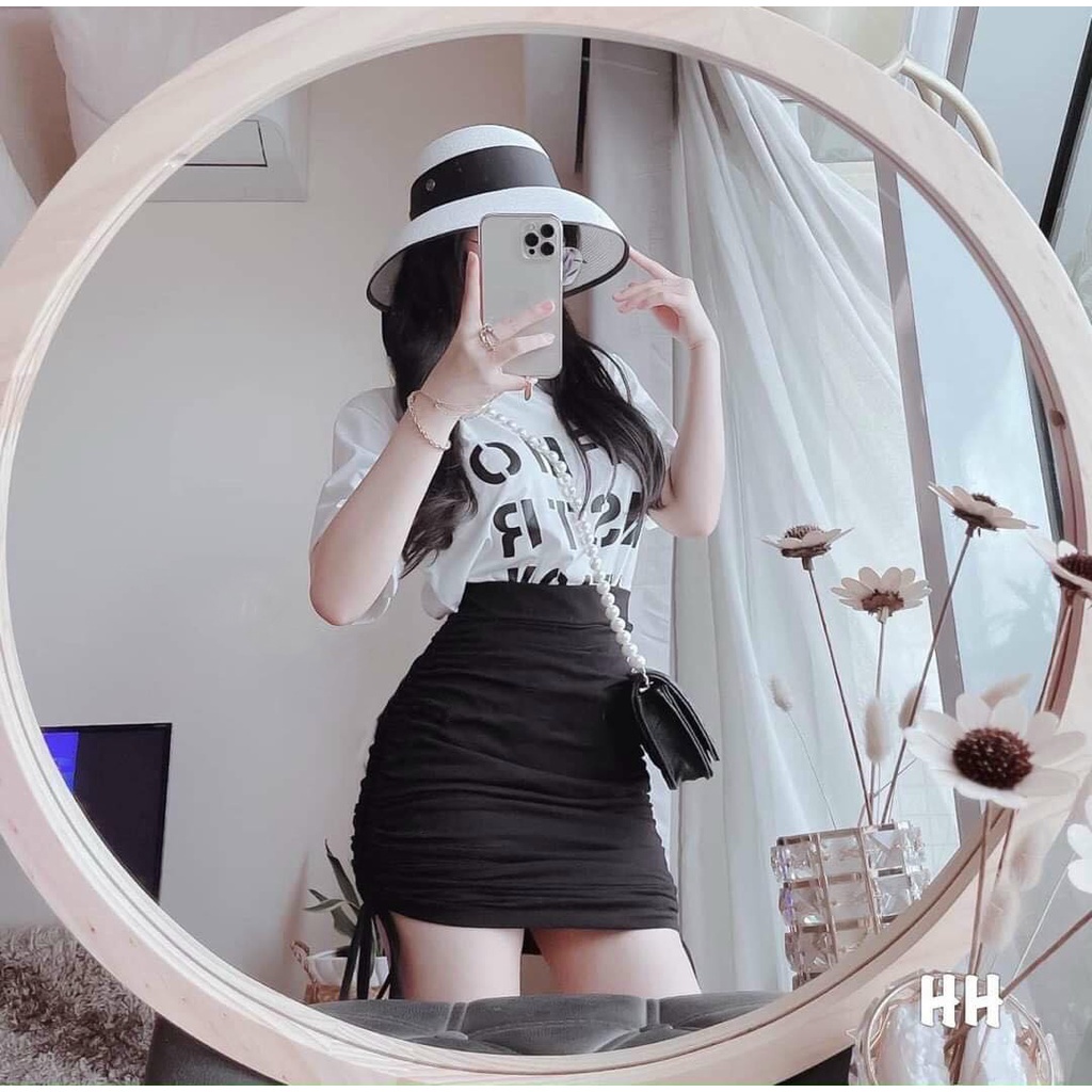 Set 2 món 🖤 áo tay ngắn in chữ Hàn Quốc và chân váy rút dây 2 bên dáng ôm siêu xinh dạo phố sang chảnh thời trang SE02