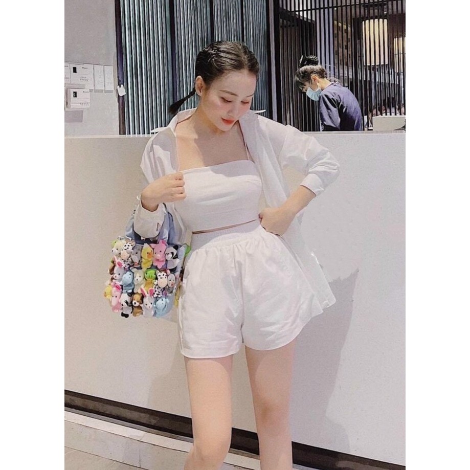 Set Sơ Mi Tay Dài Và Quần Đùi Kèm Áo Trong Hai Dây Thời Trang Nữ Rose Fashion