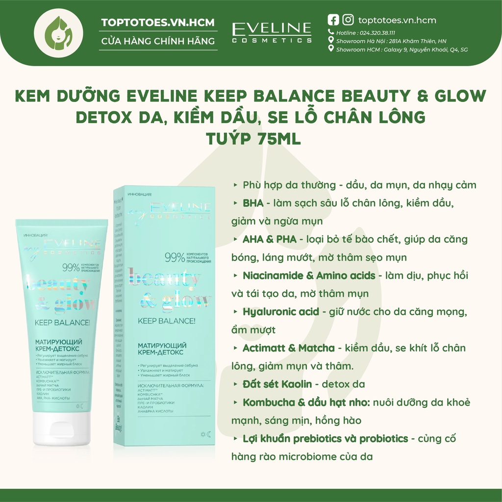 Kem dưỡng Eveline Keep Balance Beauty & Glow Detox da, kiềm dầu, se lỗ chân lông với AHA, BHA và Niacinamide