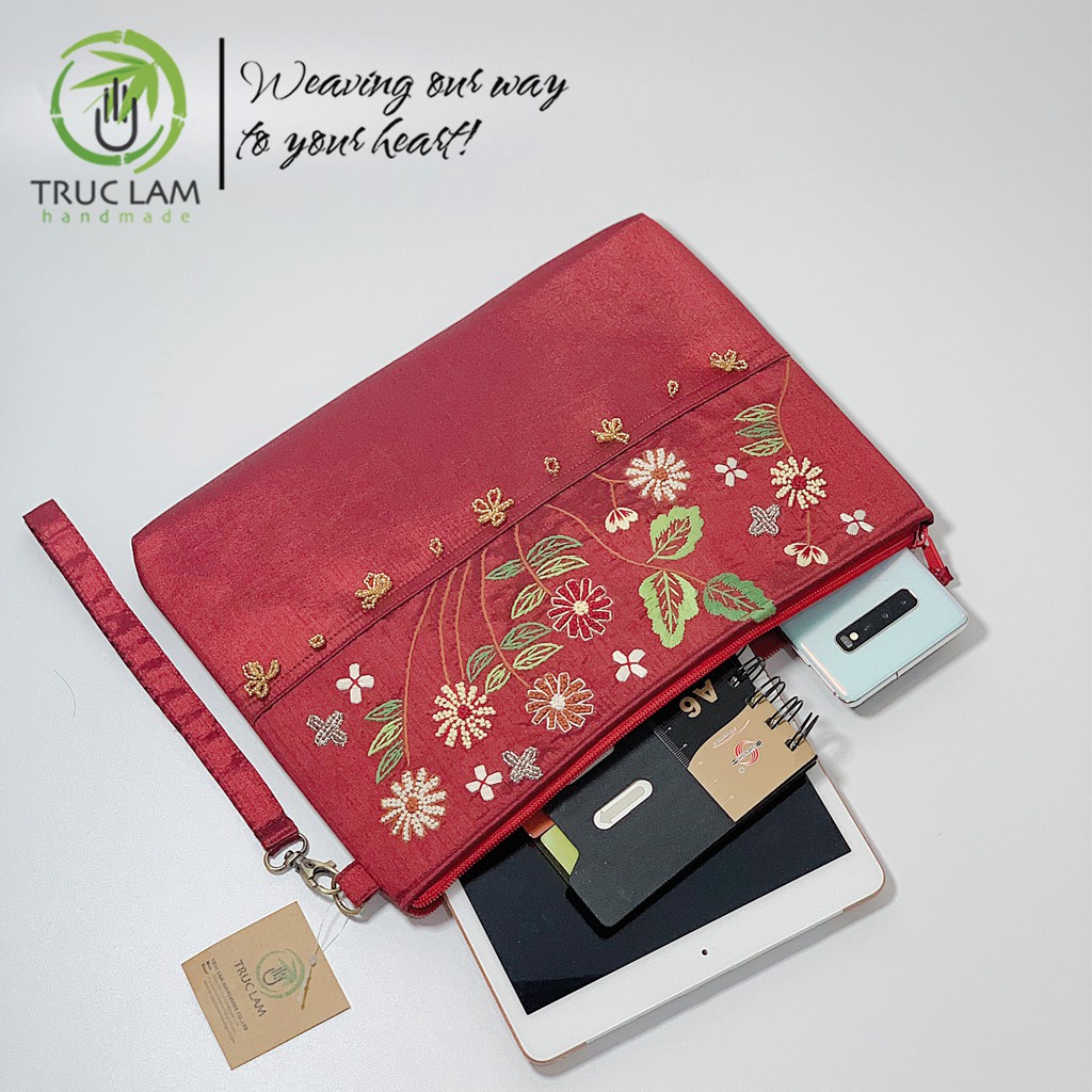 Ví Cầm Tay Đựng Ipad Clutch Vải Tafta Thêu Cành Hoa Hạt Cườm Thủ Công Cỡ To - Trúc Lâm Handmade