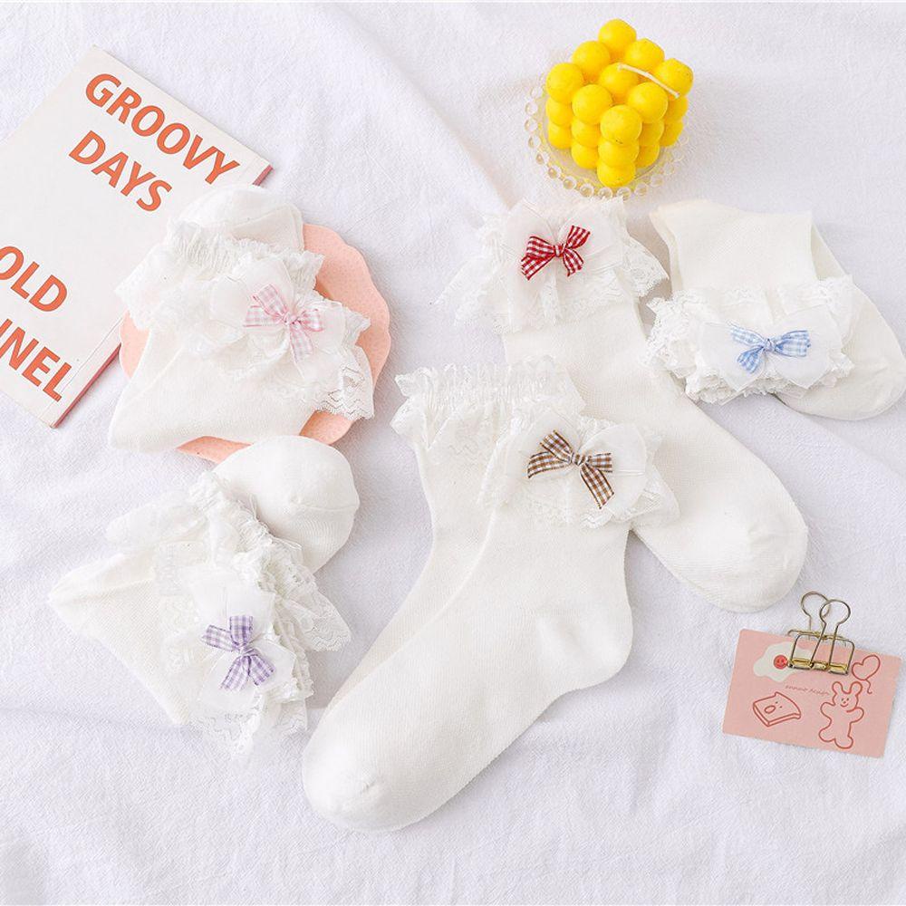 BACK2LIFE Vớ Cotton Cổ Thấp Phối Lưới Đính Nơ Phong Cách Lolita Nhật Bản Ngọt Ngào Cho Nữ