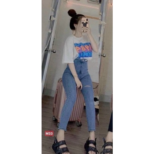 QUẦN JEANS' ÔM GIÃN 2 NÚT RÁCH 1LINE