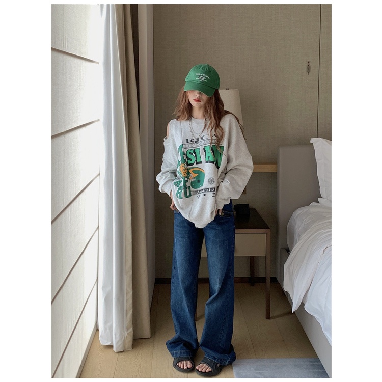 Áo Sweater Cổ Tròn Tay Dài Dáng Rộng In Họa Tiết Kiểu Retro Mỹ Thời Trang Cho Nữ