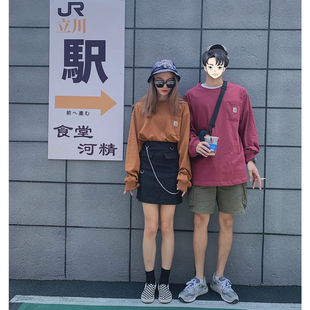 Áo sweater có túi tay dài màu trơn thêu logo Carhartt K87 cho cặp đôi