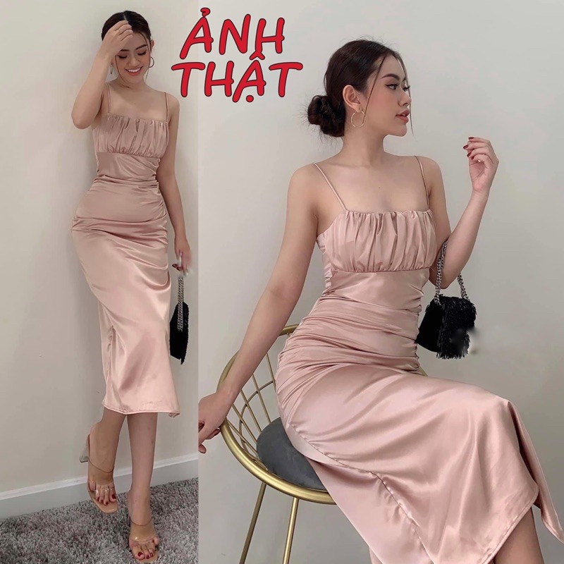 Đầm 2 dây phi nhíu ngực xẻ đùi 3 màu