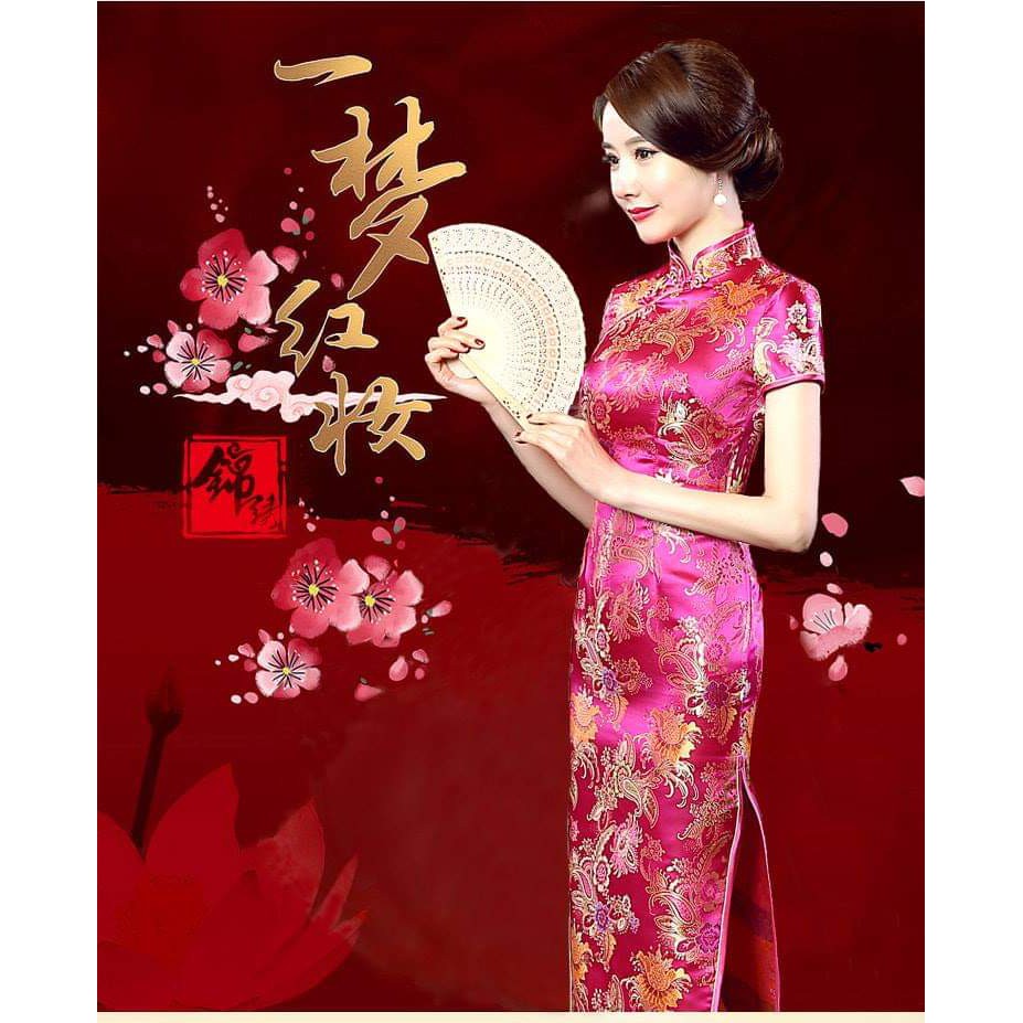 ĐẦM SƯỜN XÁM DÁNG DÀI CỔ TÀU NỀN HỒNG HỌA TIẾT HOA SANG TRỌNG CÓ SIZE LỚN