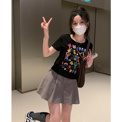 Áo Thun Tay Ngắn Cổ Tròn Màu Đen In Họa Tiết Hoạt Hình Phong Cách Hàn Quốc Thời Trang Cho Nữ