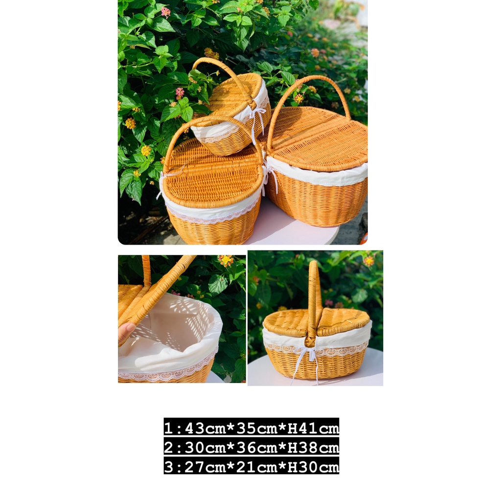 Giỏ Mây Picnic Có Lót Vải, Có Nắp Đậy/ Giỏ Mây Đi Du Lịch Dã Ngoại Tiện Nghi/ Đồ Dùng Nhà Bếp Decor Chụp Ảnh Studio