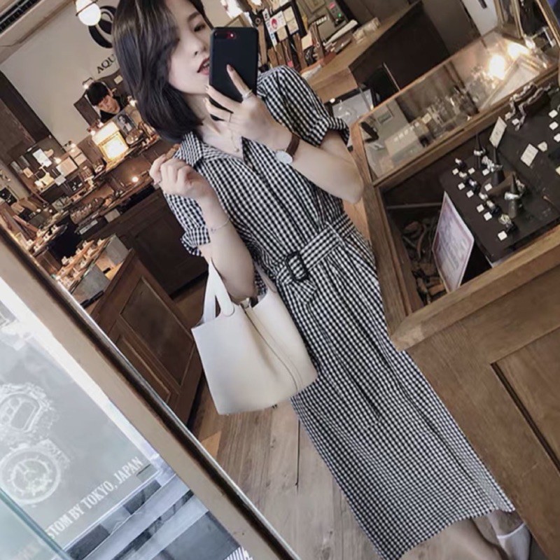 Đầm váy sơ mi caro kẻ đen kèm belt