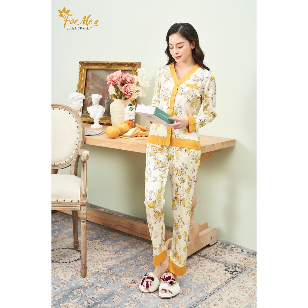 Bộ đồ ngủ, mặc nhà chất Lụa Giấy Luxury Dài Tay Bộ Hoa cổ tim 04 ,forme pijama