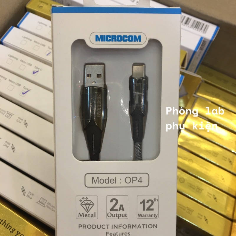 Cáp sạc nhanh Type C Opal OP4 2A MICROCOM dài 1M có đèn báo tự ngắt, dây dù chống đứt gãy