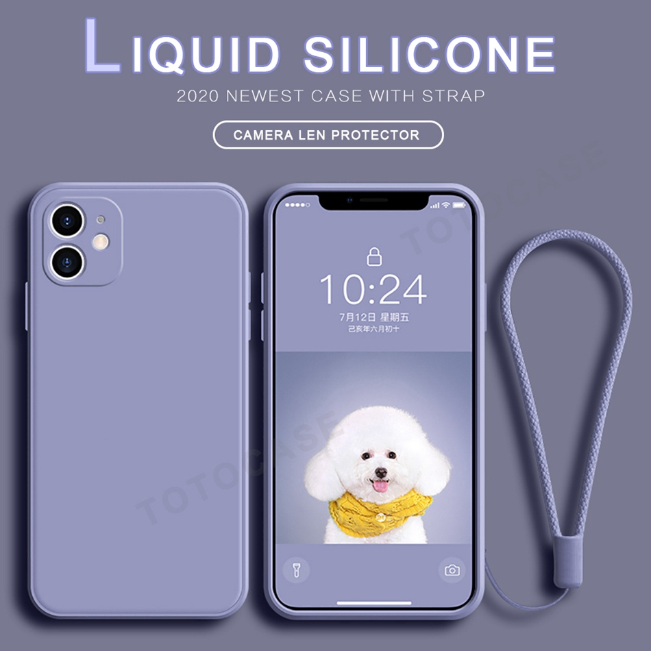 Ốp lưng silicone màu kẹo trơn hỗ trợ bảo vệ camera và dây đeo cho iPhone 6 6S 7 8 Plus X XS MAX XR