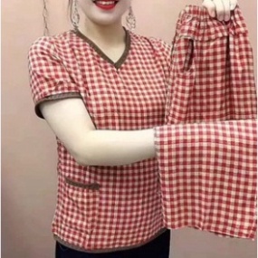 Đồ bộ nữ mặc nhà trung niên, Chất đũi thái mát lạnh vải kẻ caro cực xinh