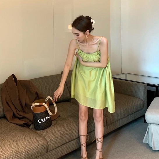 [MURIOKI] Đầm Hai Dây Phồng Màu Xanh Lá Phong Cách Pháp Thời Trang Cho Nữ