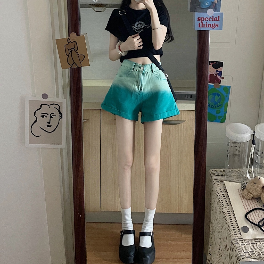 Quần Short Denim Ống Rộng Màu Gradient Thời Trang Hàn Quốc