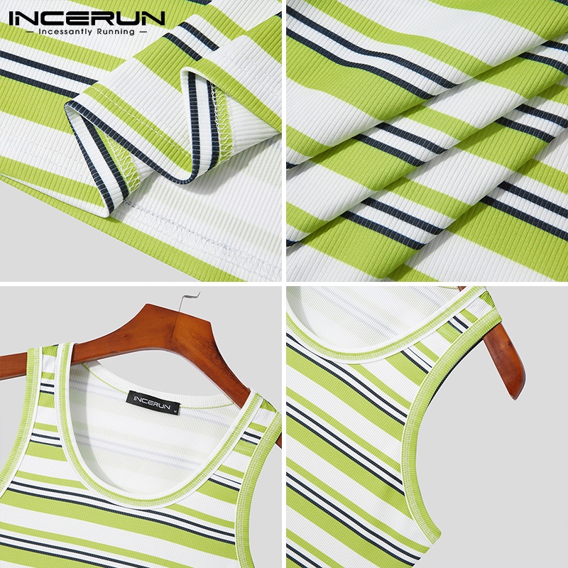 Áo thun ba lỗ INCERUN họa tiết kẻ sọc cổ tròn thời trang cho nam