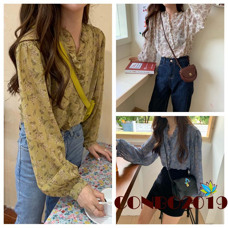 Áo Voan Hoa Tay Phồng Cổ Tim Phong Cách Thanh Lịch Dành Cho Nữ