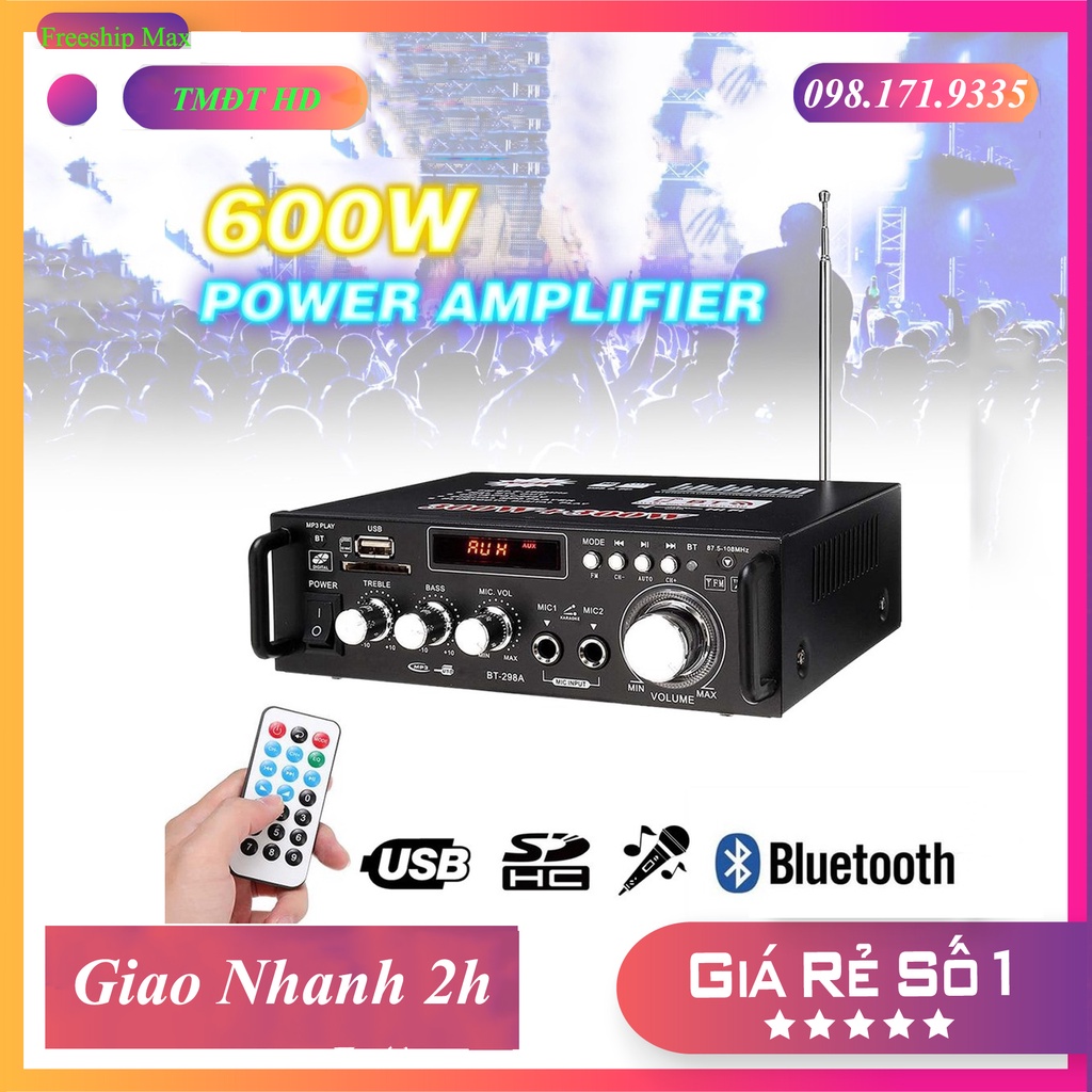 Ampli Bluetooth Mini công suất lớn BT298A  ️🏅️ 600W kết nối USB, audio, thẻ nhớ... 220v- 12V DC ⭐ cho âm thanh cực đỉnh