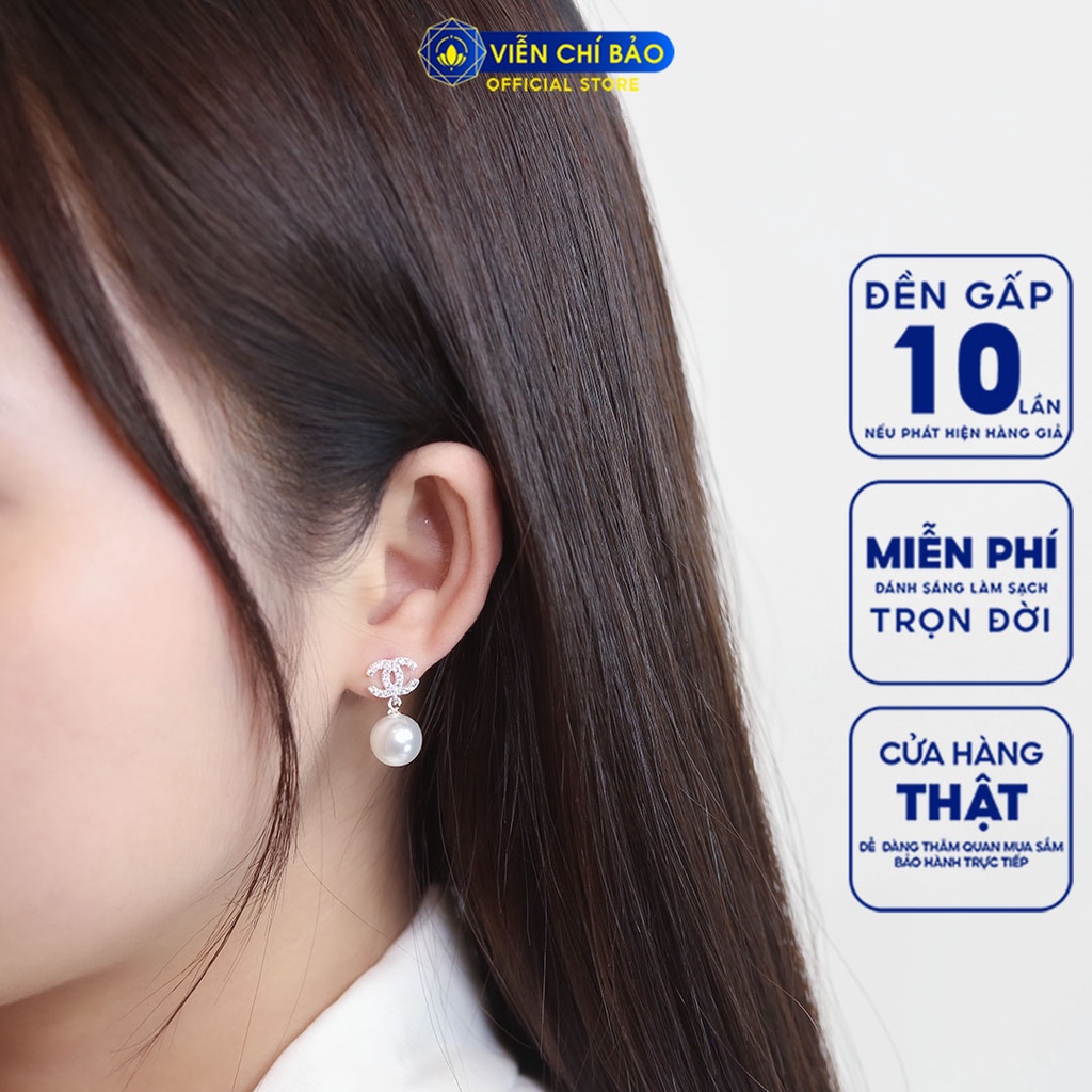 Bông tai bạc nữ trái châu chữ CC đính đá chất liệu bạc 925 thời trang phụ kiện trang sức nữ Viễn Chí Bảo B400011