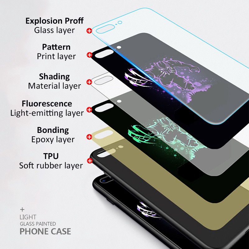 iPhone 11 Case iPhone 11 Pro Max iPhone 7 Plus 7 8 Plus Ốp điện thoại mặt kính hình anh hùng Marvel có đèn nền dạ quang phát sáng trong bóng tối cho