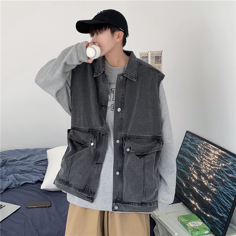 Áo Khoác Ghi Lê Denim Dáng Rộng Phối Túi Lớn Phong Cách Hồng Kông Thời Trang Thu Đông Cho Nam TF1