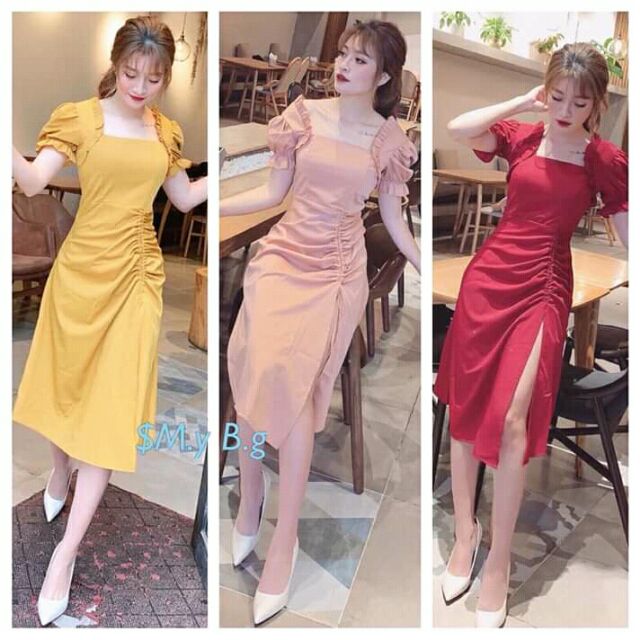 Váy rúm eo cổ vuông xẻ đùi