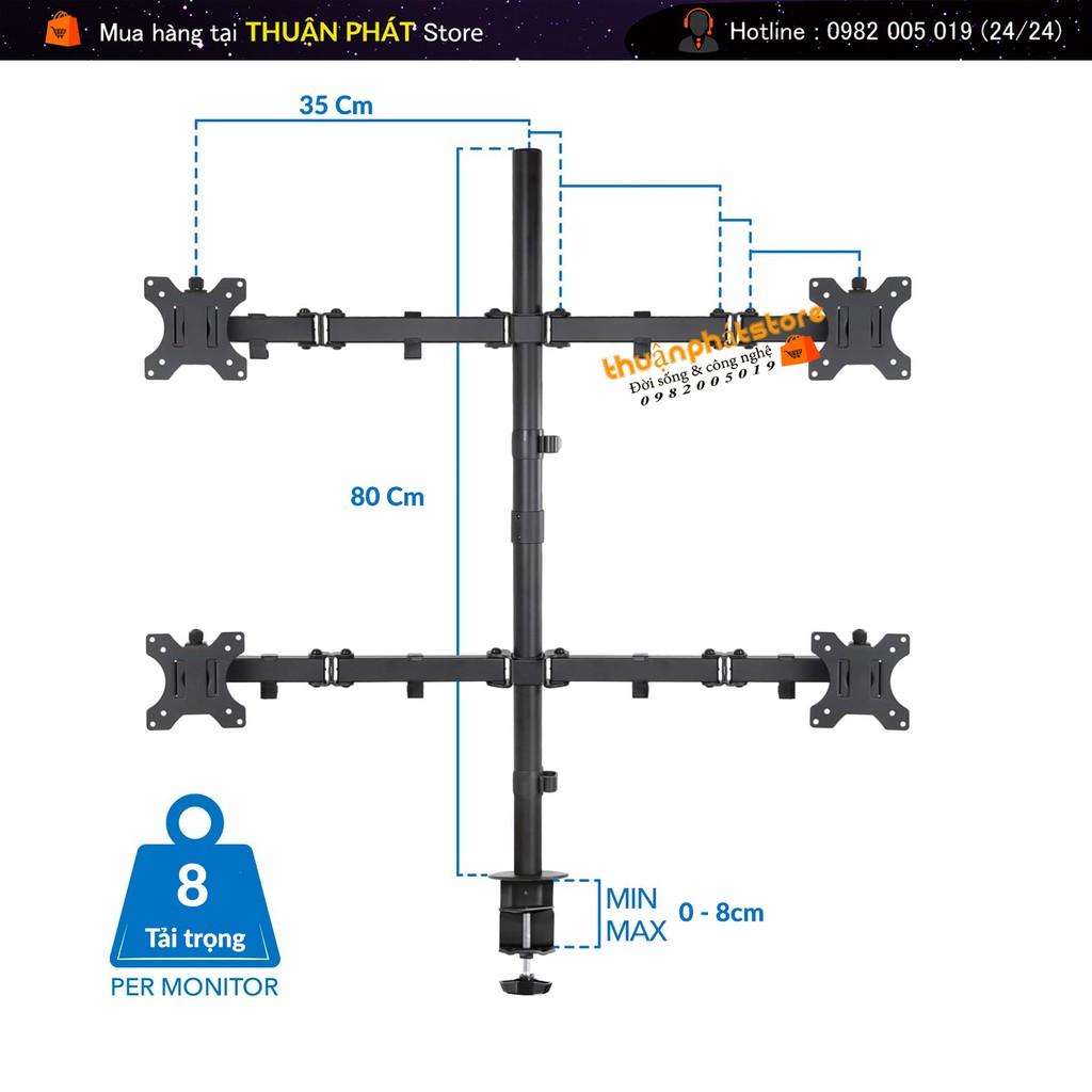  Giá Treo Bốn Màn Hình Máy Tính 17 - 27 Inch - Tay Đỡ Màn Hình Xoay 360 Độ - Model: MS054