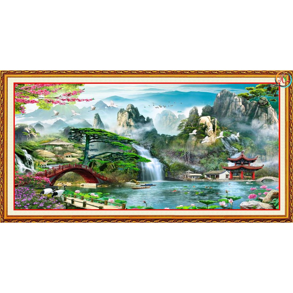 Tranh phong thủy đẹp có in khung sẵn-size 60x120-vải lụa kim sa- có in theo yêu cầu